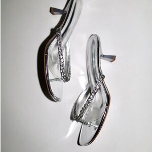 Crystal-Strap Silver Heeled Thong Sandals for Women